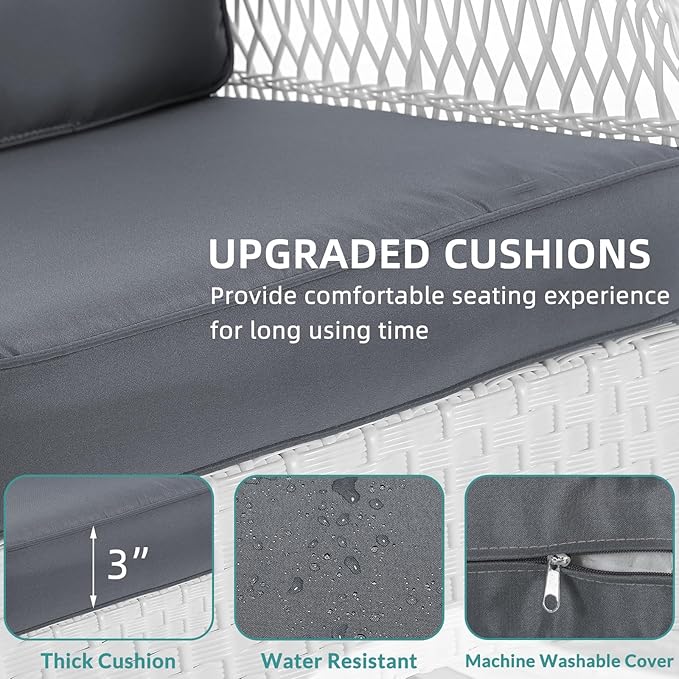 MEETWARM 5 Pieces Outdoor Patio Rattan Furniture Sets, All Weather Patio Wicker Conversation Set - 2 Rocking Swivel Chairs 1 Rattan Loveseat Glider with Cushions, 2 Coffee Table, White Wicker/Grey