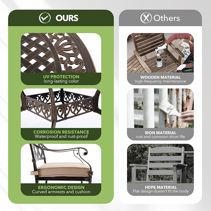5-Piece Cast Aluminum Outdoor Table and Chairs, Classic Vintage Patio Dining Set for 4 Include 54.5" Round Dining Table and 4 Swivel Chairs with Removable Cushion and Umbrella Hole