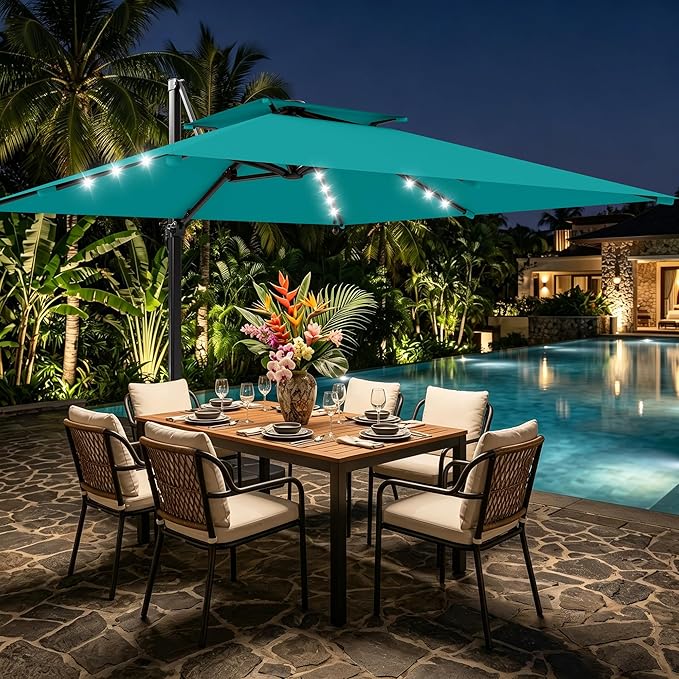AreShark 10×10FT Solar LED Cantilever Umbrella, Double-Top Outdoor Patio Offset Umbrella with 360 Degree Rotation, Large Square Canopy with Lights for Garden Deck Pool, Turquoise Blue