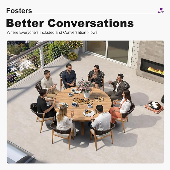PURPLE LEAF 9 Pieces Round Dining Set Aluminum Frame and Wicker Rattan Patio Table and Chairs with Cushions for Backyard Garden Deck Teak