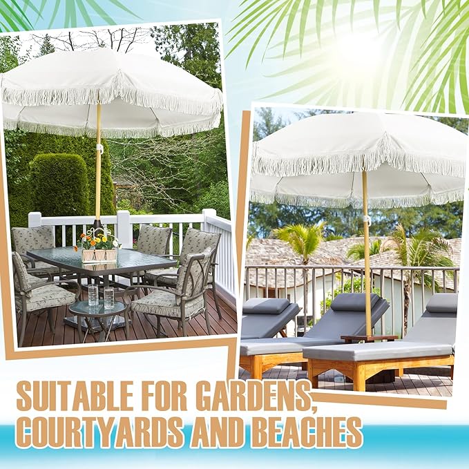 Talltalk 6 Ft Outdoor Beach Patio Umbrella with Fringe, Steel Pole, Steel Ribs and Carry Bag Elegant Table UPF 50+ UV Boho Umbrella for Outdoor Patio Picnic Beach Backyard(White No Steering)