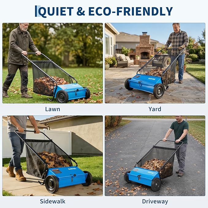 Push Lawn Sweeper 26Inch-Heavy Duty Walk Behind Leaf Collector and Yard Sweeper for Outdoor,Patio,Driveway,Garden Grass Sweepers,4 High Speed Spinning Brush,7 Cu. ft. Hopper Capacity