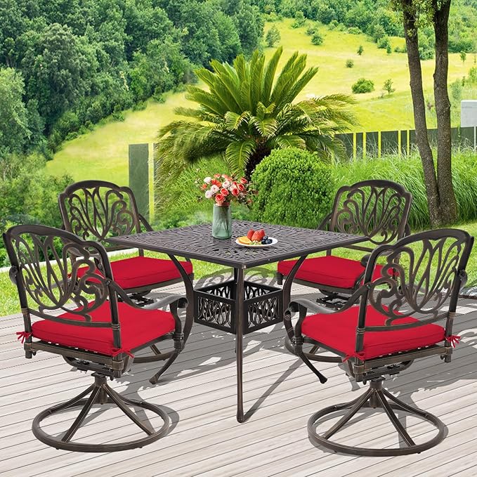Grepatio 5 Piece Cast Aluminum Patio Dining Set, Outdoor Furniture Set with 4 Swivel Rocker Ding Chairs, 4 Cushions and 35.4" Square Patio Table with 2.4" Umbrella Hole, Antique Bronze (Red)