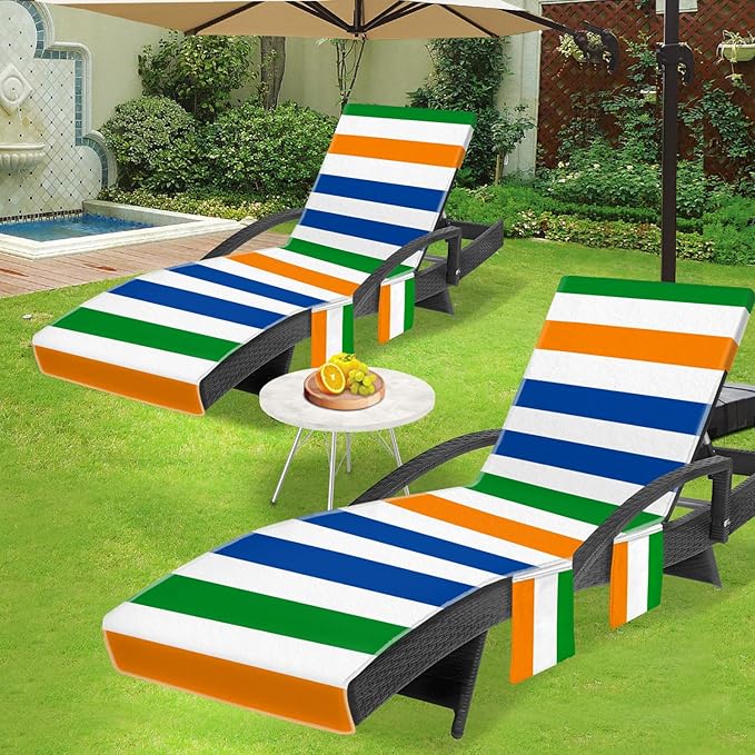 2-Pack Lounge Towel Cover with 3 Pockets, Chaise Durable Horizontal Striped Cover for Pool, Beach, Garden & Outdoor Use, 85x30 Inch, Blue Green Orange Design