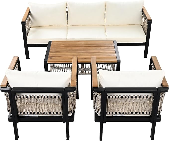 4 Pieces Outdoor Sectional Sofa Set 5-Person Patio Seating Group Outdoor Conversation Set with Cushions and a Coffee Table for Patios, Gardens,or Balcony (Beige#30)