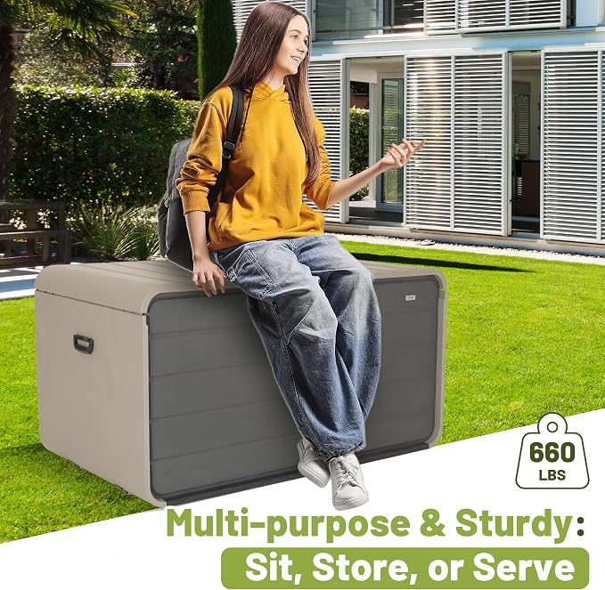 KUIKUI Deck Boxes Outdoor Waterproof, Large Outdoor Deck Box with Wheels Waterproof, 260 Gallon XXL Storage Box Lockable, Grey