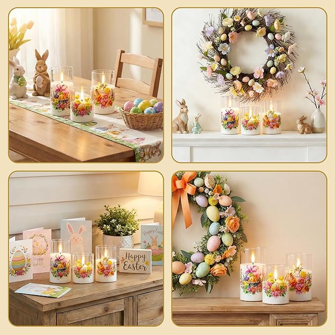 Eywamage Spring LED Candles with Remote, Flickering Glass Flameless Pillar Candles Battery Candles Easter Home Table Decor Set of 3