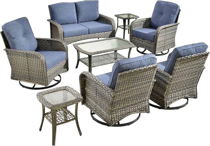 8 Pieces Outdoor Patio Furniture Set with Coffee Table, All Weather Wicker Patio Conversation Sets with Rocking Chairs, Balcony Furniture Sets for Backyard, Garden, Poolside, Denim Blue