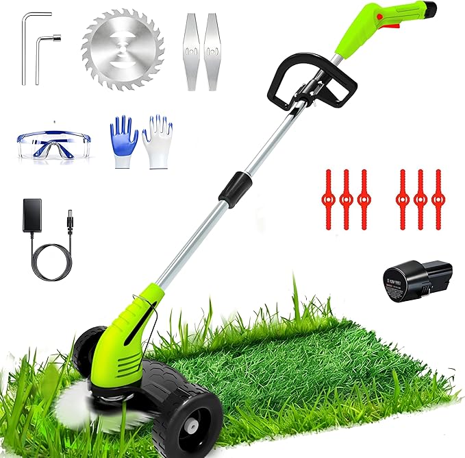 Electric Weed Wacker Cordless, 3-in-1 Wheeled Grass Trimmer with Height Adjustment, 2.0Ah Battery and 3 Types Blades for Yard, Lawn, Patio, Garden, Walkway, Fence & Branch Trimming, Green