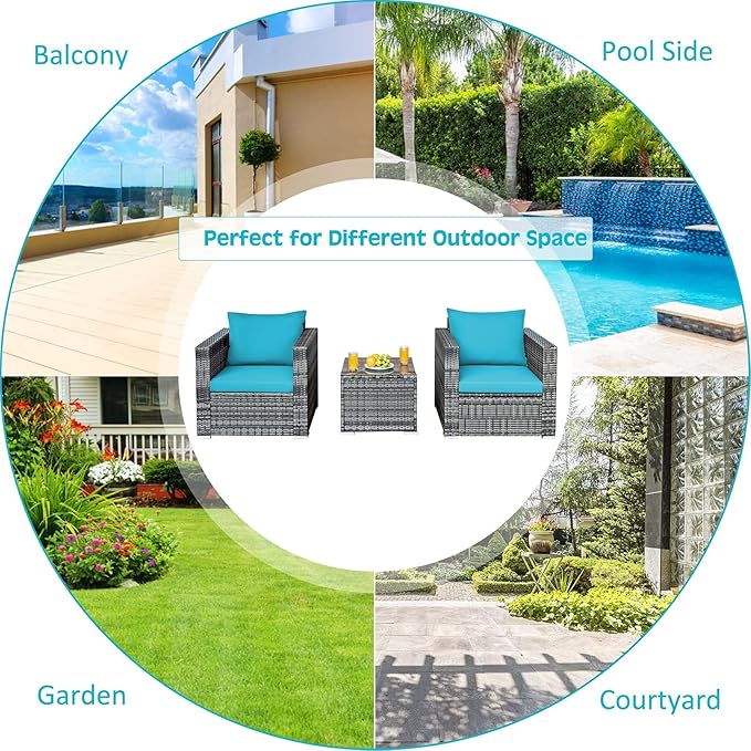 DORTALA 3 Pieces Patio Furniture Set, Outdoor Rattan Sofa Couch Set with Cushions, Tempered Glass Coffee Table, Wicker Patio Conversation Set for Lawn Backyard Poolside Balcony, Turquoise