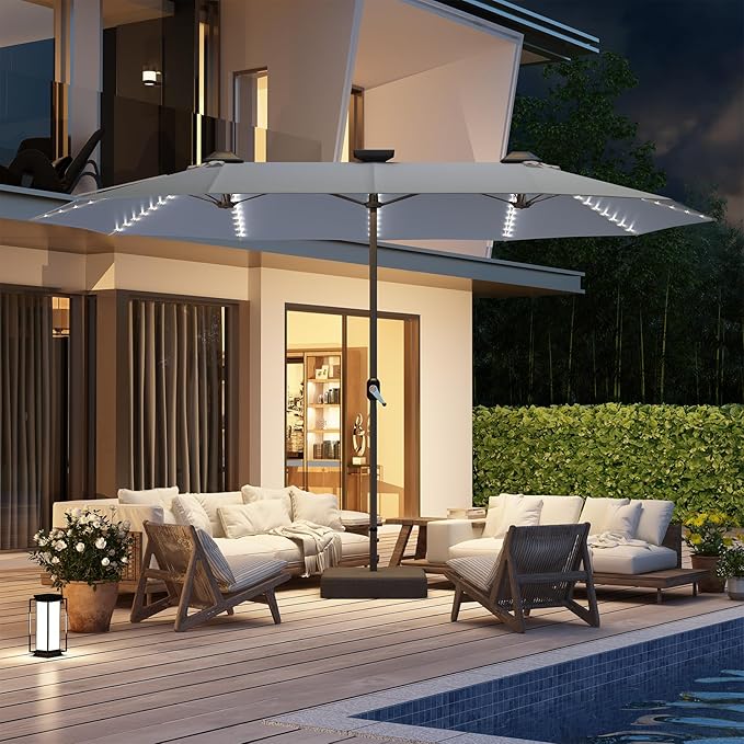 AECOJOY 15ft Double-Sided Patio Umbrella with Solar Lights, Outdoor Rectangle Market Large Patio Umbrella with Base Include|Crank Handle|156 PCS LED Lights for Garden Deck Pool in Grey(1.9" Pole)