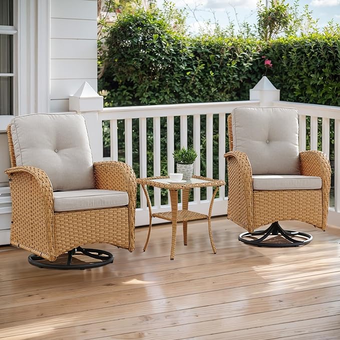 Outdoor Rocker Swivel Glider Chair - 3 Piece Wicker Patio Furniture Set, All Weather Patio Bistro Set with Glass Side Table for Balcony Porch Deck Backyard - Yellow Wicker Beige Cushion