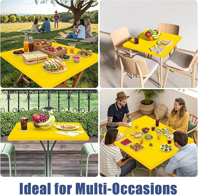 Moosfor Spandex Picnic Table Cloth 2 Pack, Elastic Fitted Tablecloths for Square Tables, Stretch Washable Patio Table Cover for Outdoor, Camping, Banquet and Parties (Yellow, 34"x34")