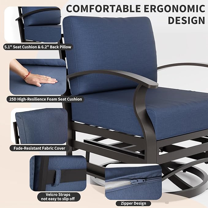 Gotland Outdoor Furniture, Metal Outdoor Swivel Chair with 5.1’’ High-Resilience Seat Cushions 6.2’’ Thick Back Pillow 29.5’’ Deep Seat Removable Cushions, Patio Furniture for Lawn, Porch, Navy