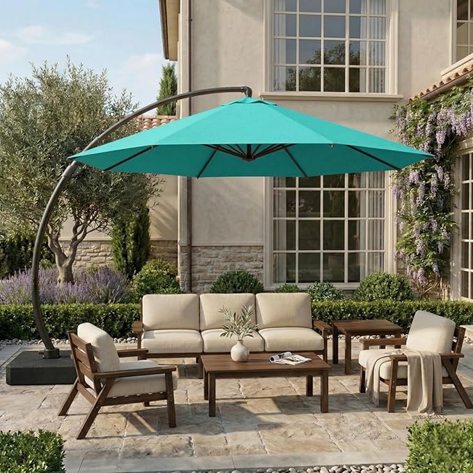 11 FT Cantilever Umbrella with Base Included, Large Round 360° Rotation Offset Umbrella Outdoor Patio, Heavy Duty Aluminum Frame, Sand-Weighted Stand, for Deck, Backyard, Pool, Garden (Tiffany Blue)