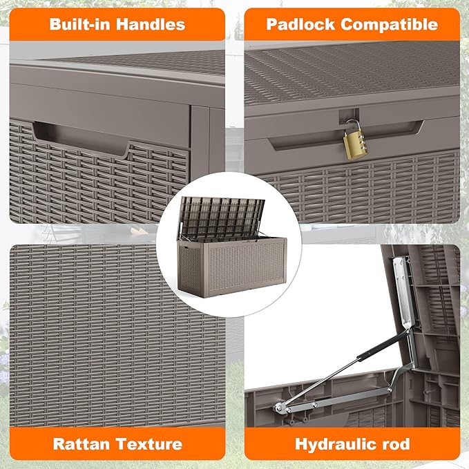 120 Gallon Outdoor Storage Box Waterproof, Resin Lockable Deck Box with Lid, Large Capacity Weatherproof Container for Patio Furniture Pool Accessories, Cushions(Grey, 120 Gallon)