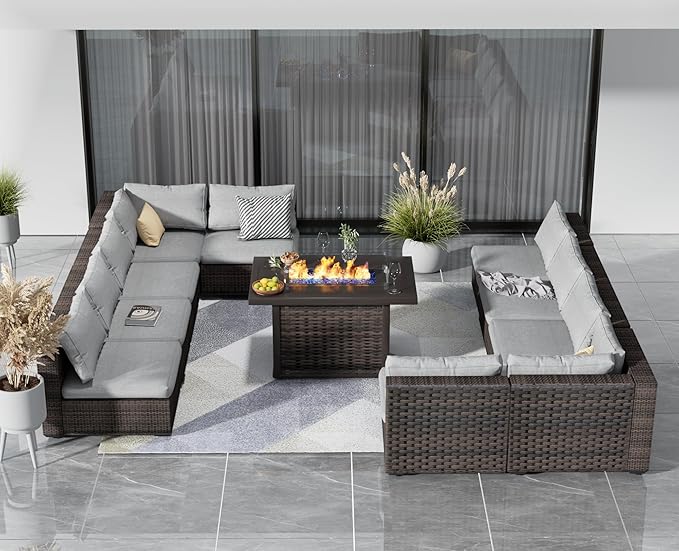 Patio Furniture Set 11 Pieces with 44" Fire Pit Table, Rattan Outdoor Sectional Conversation Sets, All Weather Outdoor Furniture Set with Cushions for Garden Lawn Balcony Porch Deck Grey
