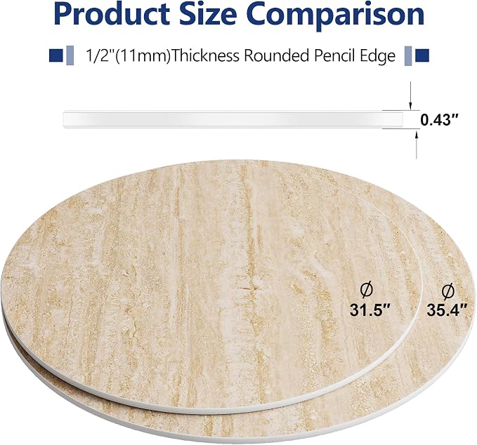 ZL ZELing Round Sintered Stone Table Top 35",Replacement Table Top for Indoor & Outdoor - Heat/Scratch Resistant Waterproof Ceramic DIY Desktop, Patio/Balcony/Bistro/Café & Dining Room (Beige)