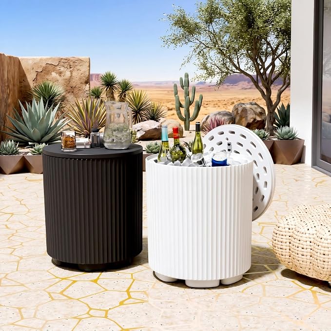Outdoor Cooler Side Table, 2-in-1 Ice Chest Side Table Bucket All Weather Resistant, Portable Cooler Table for Patio & Parties & Picnics & Beach & BBQ, Black