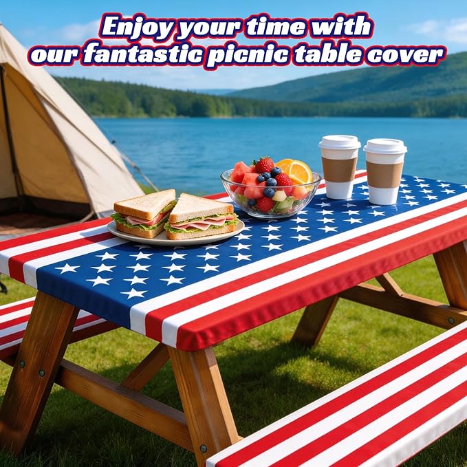 NUOLAN 6FT American Flag Picnic Table Cover with Bench Covers Set 250th Anniversary 4th of July Windproof Waterproof Fitted Tablecloth with Elastic for Patriotic Outdoor Decor Camping