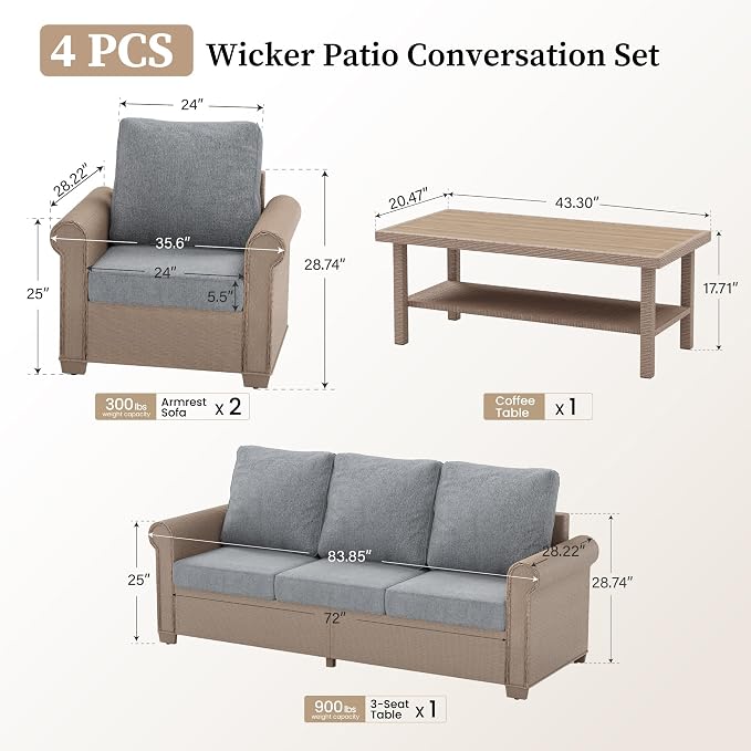 SUNSHINE VALLEY Patio Furniture Set, Wicker Rattan Outdoor Furniture Set with 5.5 Inch Thick Cushions, 2 Chairs and Fire Pit Table, 4 Pieces 5 Seats Patio Conversation Set for Backyard Deck, Grey