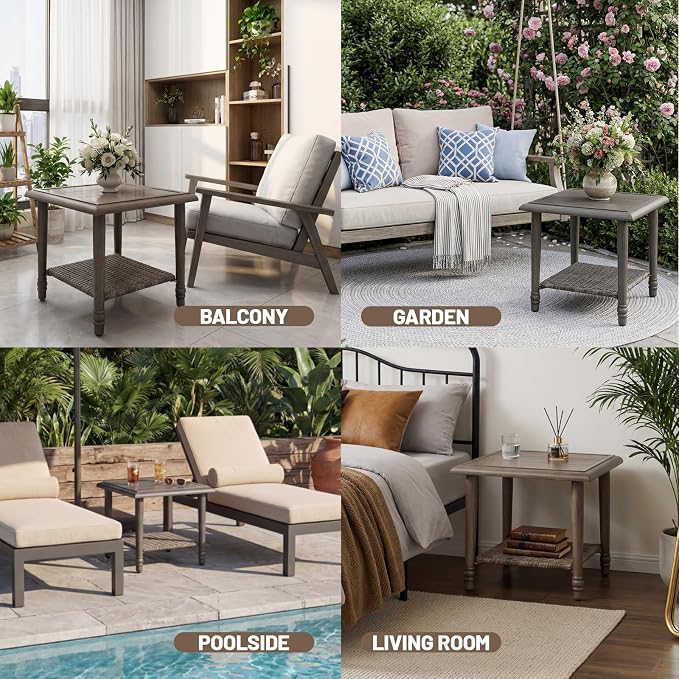 2-Tier Outdoor Side Table, 20.1 Inch Hand-Painted Wood Grain Patio Table with PE Rattan Shelf, All-Weather Accent Table for Porch, Balcony, Garden & Living Room