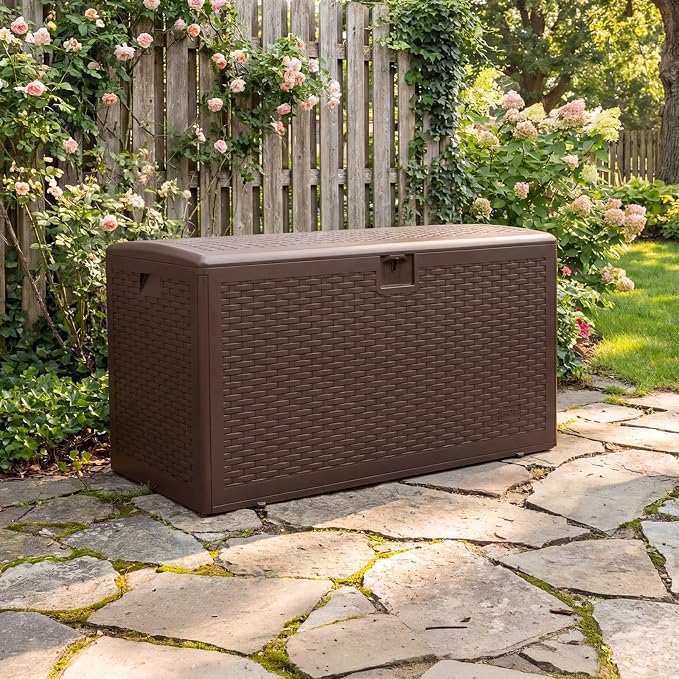 73 Gallon Large Resin Deck Storage Box, Weatherproof Lockable Outdoor Organizer with Woven Strap Design, Durable HDPE Chest for Patio Garden Tools, Pool Toys, Furniture Cushions