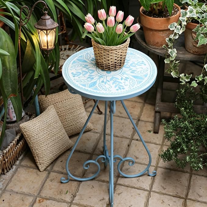 Outdoor Side Table & Mosaic Ceramic Plant Stand, 14" Metal Round End Table for Garden Home Patio Yard Porch Patio Decor Weather Resistant Outside Accent End Furniture (Flower#1)