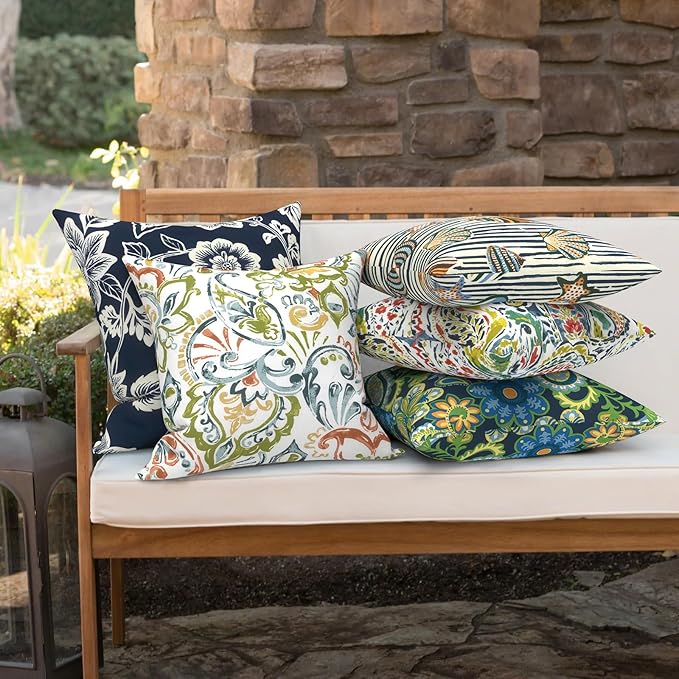 Outdoor 16x16 Inch Throw Pillow Covers Set of 2, Covers ONLY, All Weather Square Pillow Cases, Patio Cushion Pillow of Home Furniture Use, Paisley Botanical