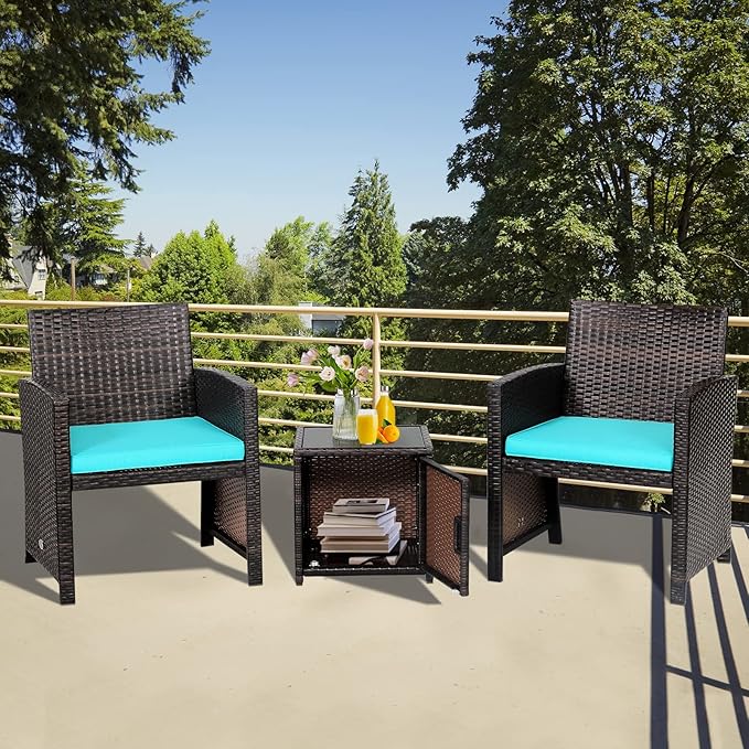 Tangkula 3 Pieces Outdoor Wicker Conversation Set with Waterproof Cover, 2 Patio Rattan Cushioned Chairs with Side Storage Table, Suitable for Front Porch, Balcony, Garden, Poolside (Turquoise)