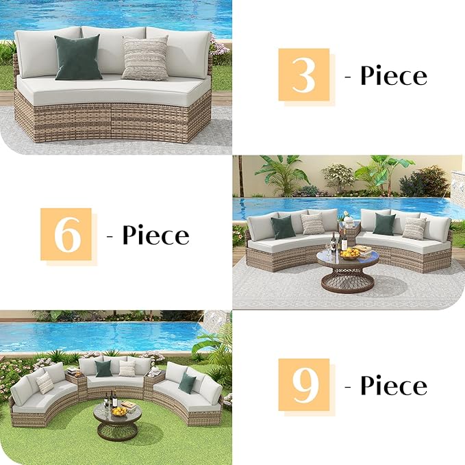 PaPaJet Patio Conversation Set, 3 Piece Half-Moon Sectional Round Patio Furniture Set, Wicker Sofa Set, for Backyard Patio Garden, Beige