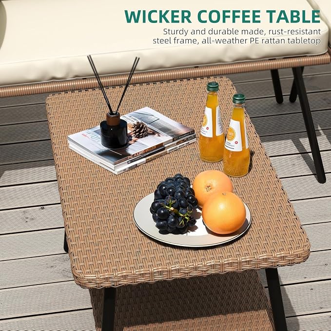 4PCS Patio Furniture Set Featuring L Shape Rattan Sectional Sofa with Thick Cushions, Two-Tier Coffee Table, Boho Outdoor Couch Conversation Set for Backyard, Garden, and Patio Seating