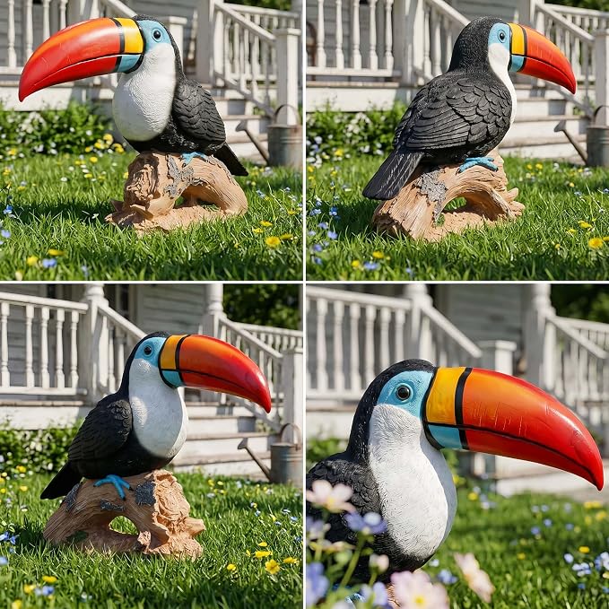 Real Toucan Statue,Colorful Outdoor Bird Decor Sculpture- 14.2" Resin Bird Outdoor Animal Ornament, Tropical Tiki Bar Decor, Waterproof & Weather-Resistant, Perfect for Garden, Patio, Yard