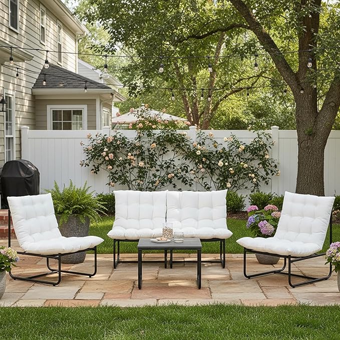Sectional Outdoor Furniture, Patio Couch Set with Cushion, Modern Patio Conversation Sets with Table, Outdoor Sofa Set for Balcony, Lawn, Deck & Porch, Pure White