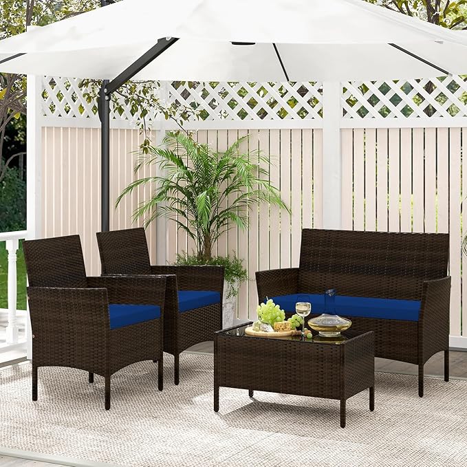 Tangkula 4 Piece Patio Rattan Conversation Set, Outdoor Wicker Furniture Set with Chair, Loveseat & Tempered Glass Table, Cozy Seat Cushions, Outside Sectional Sofa Set for Backyard