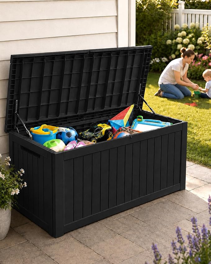 MAKINO 274 Gallon Large Waterproof Deck Box, Heavy Duty Resin Outdoor Storage Box, Outside Storage Bench with Hydraulic Rod for Patio/Furniture Cushions/Garden Tools/Backyard/Pool Accessories, Black