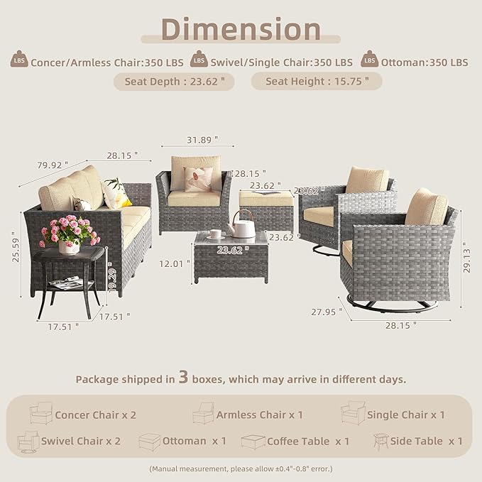 Fully Assembled & Spacious 9-Pc Outdoor Sofa Set, Patio Rattan Conversation Group with Rocking Chair and Tea Table