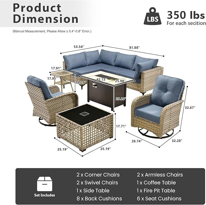 Outdoor Patio Furniture Sets,9 PCS Patio Conversation Set Outside Rattan Sectional Sofa with 42 in Fire Pit Table Wicker Rocking Chair Coffee Table Fit Backyard Porch Garden Poolside Balcony