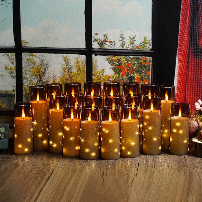 Nimiko Flickering Flameless LED Candles,Battery Operated Candles 24 Pcs with Embedded Star String,Acrylic LED Pillar Candles with Remote,Suitable for Home Decoration to Create an Atmosphere (Grey)