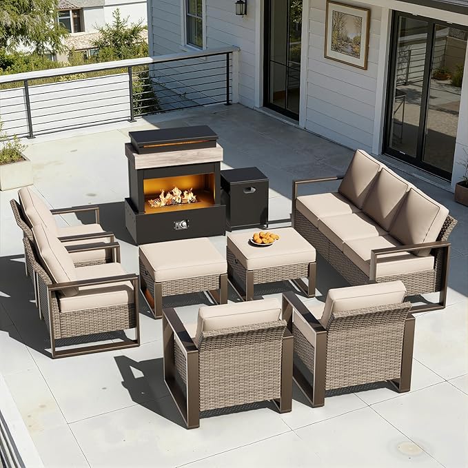 8 Pieces Metal Wicker Patio Furniture Set - 75" Sofa, Four Armchairs and Two Ottomans, One Fireplace All Weather Rattan Outdoor Conversation Furniture with Washable Cushion for Deck Porch, Beige