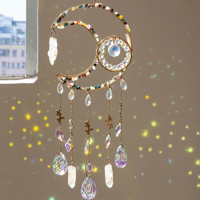 Crystal Suncatcher Window Hanging Decor Rainbow Maker Sun Catchers Indoor | Hand-plated rainbow maker with natural stones, boho hanging decoration for windows, with String & Hook,bedrooms and gifts