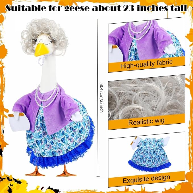 Old Lady Porch Goose Outfits Grandma Goose Clothes Glasses Curly Wig Floral Print Dress Cardign and Pearl Necklace,23'' Geese Statue Outdoor Patio Yard Lawn Decoration (Purple B)