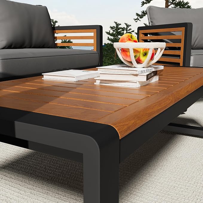 4-Pieces Outdoor Furniture Sofa for 5 Person Conversation Set, Garden Sofa Set with Removable Cushion, Metal and Wood Frame Sofa Set, Thick Cushions, Acacia Wood Tabletop, Gray