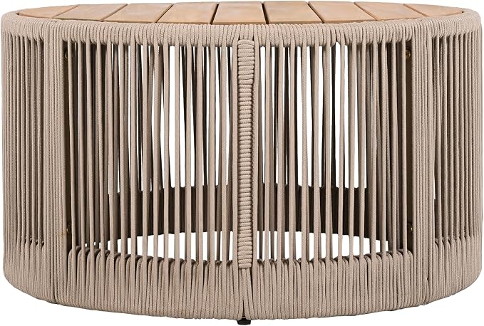Outdoor Rattan Coffee Table with Solid Acacia Wood Tabletop, Patio Round Coffee Table Side Table (Beige)