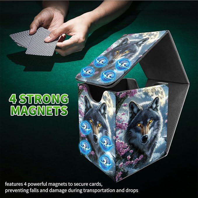 Cherry Blossom Gray Wolf Card Deck Box for MTG, Personalized Card Storage Case Fits 120+ Sleeved Cards, Premium Leather TCG Box with Strong Magnetic Closure for Magic, PTCG, Baseball Cards