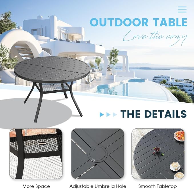 5 Pieces Patio Furniture Dining Set, 4 Textilene Swivel Dining Chairs, 41" Outdoor Round Metal Table with Storage Shelf and 1.57" Umbrella Hole, Outdoor Dining Set for Porch, Lawn, Black/Brown