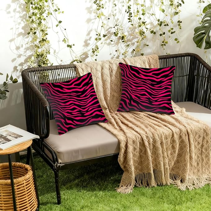 16x16 Inch Outdoor Pillow Covers Set of 2 Waterproof Throw Pillow Covers Decorative Couch Cushion Covers Hot Pink Black Zebra Print Square Pillowcases Protectors for Patio Garden Sofa