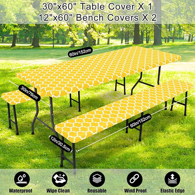 Smiry Picnic Table Cover with Bench Covers, Waterproof Elastic Fitted Tablecloth for 5 Foot Tables, Washable Polyester Tablecloths for Camping, Indoor & Outdoor (Yellow, 30x60 Inch 3-pc Set)