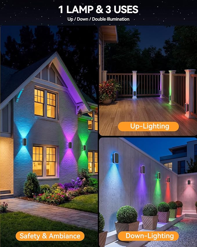 TECKNET Solar Fence Lights Outdoor 8 Pack with Bi-Directional, Uplight & Downlight, Solar Powered Fence Wall Lights Waterproof IP67 8 Colors & RGBW Dynamic Cycling for Outdoor/Patio/Porch/Pool Cage
