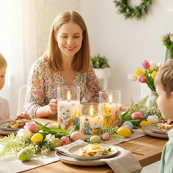Eywamage Spring Flameless Candles with Remote, Glass LED Pillar Candles Flickering Battery Operated Easter Home Table Decor Set of 3